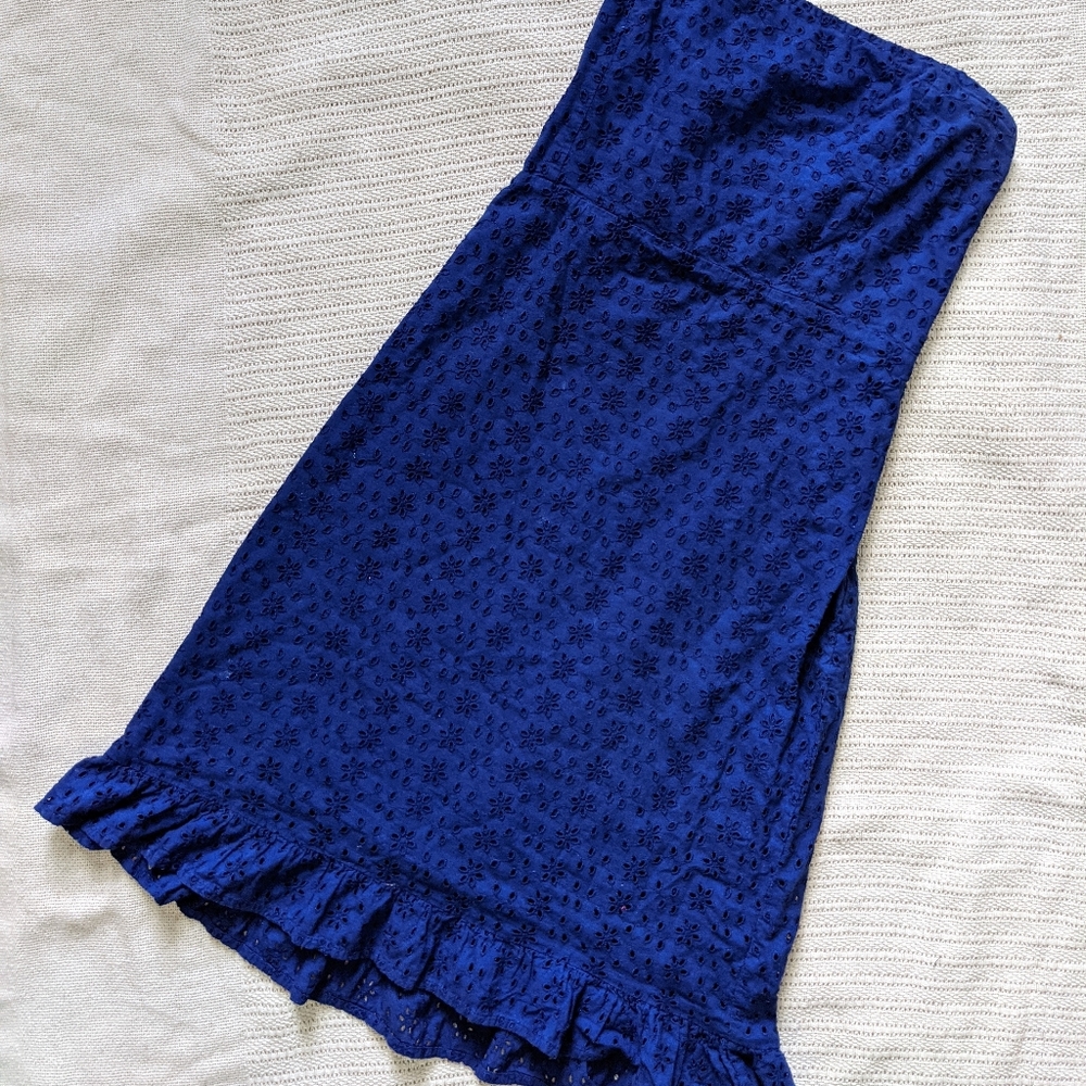 Navy blue strapless eyelet dress